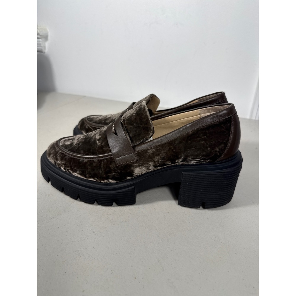 Stuart Weitzman Women Brown Velvet Lug Sole Penny Loafers Platform Size 9.5